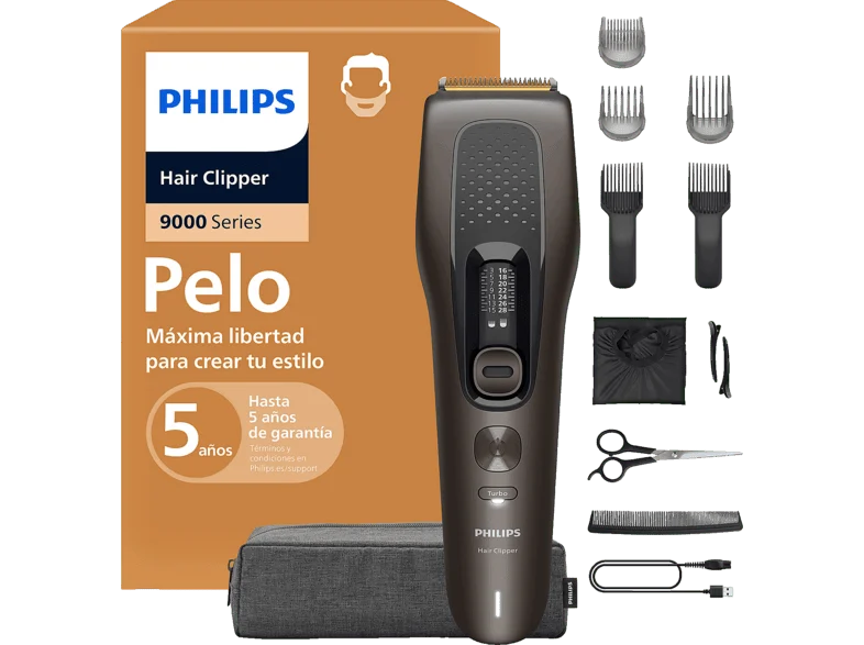 Cortapelos Philips Series 9000 HC9721/15, 28 longitudes, 180 min, cuchillas de titanio, degradados precisión, gris marrón