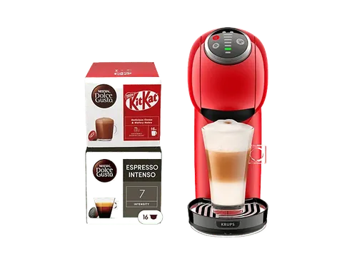 Cafetera de cápsulas - Krups Genio S Plus, Compacta, Alta presión, 30 tipos bebidas, Función XL, 2 packs regalo, Modo Eco, 15 bar, Roja