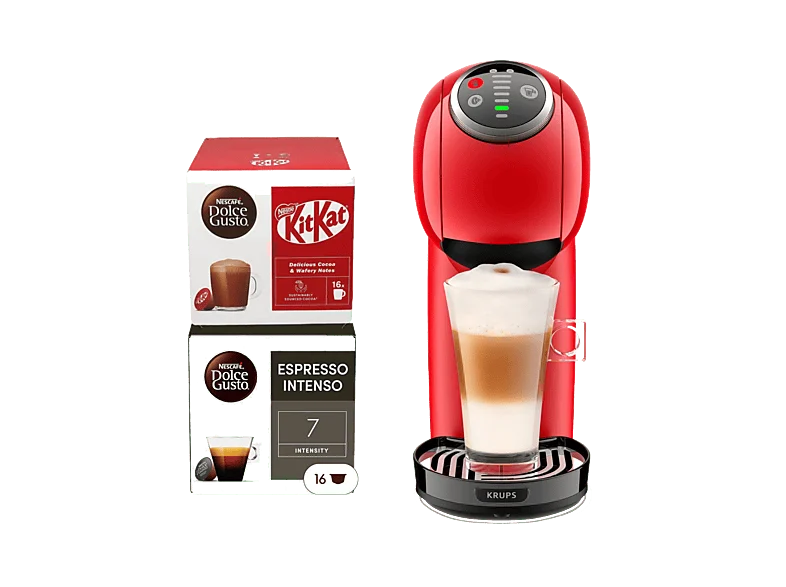 Cafetera de cápsulas - Krups Genio S Plus, Compacta, Alta presión, 30 tipos bebidas, Función XL, 2 packs regalo, Modo Eco, 15 bar, Roja