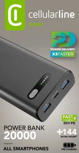 Powerbank - CellularLine Fast, 20000 mAh, 20 W, Hasta 144h de carga, USB C, A, Negro