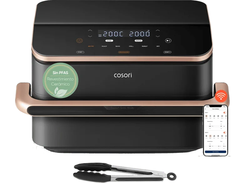 Freidora de aire - Cosori Dual Blaze Twinfry con revestimiento cerámico, 10 l, 2800 W, Doble cesta, Hasta 240 °C, Gris