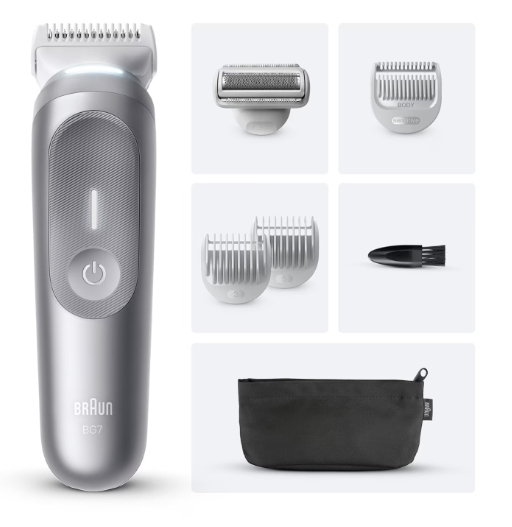 Afeitadora corporal - Braun BodyGroomer Series 7 BG7550, +4 cabezales y peines de rasurado 2 accesorios, Afeita Y Recorta, Wet&Dry, Gris