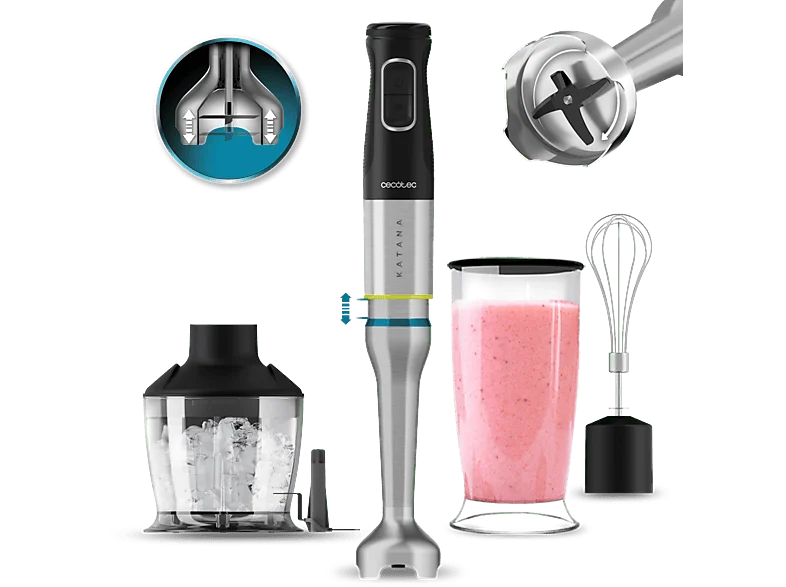 Batidora de mano - Cecotec Katana 12 Chop B, 1200 W, 21 velocidades, Turbo, Incluye picadora 600ml, Vaso 800ml, Brazo XL, Black