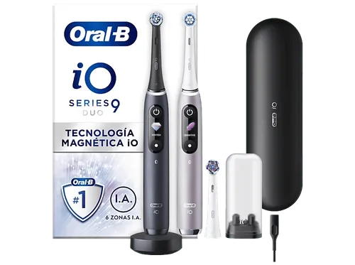 Cepillo eléctrico - Oral-B iO 9, Pack doble, 3 cabezales, Seguimiento 3D con app, Con estuche de viaje, Negro y Rosa