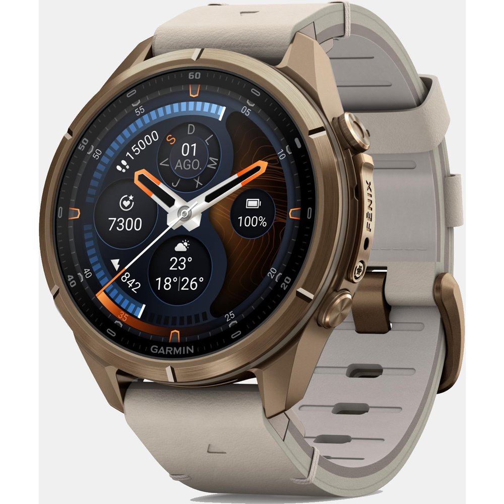 Garmin - Reloj Smartwach Fénix 9 Pro – Inreach, 43 Mm Garmin Caja De Titanio Dorada Con Correa De Cuero Beige + Correa De Silicona Gris.