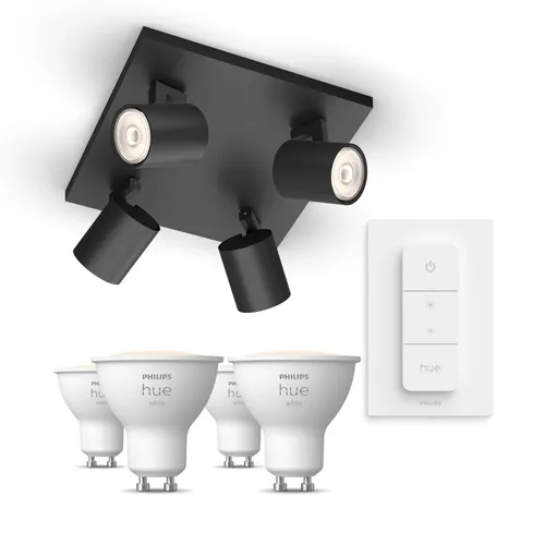 Philips Hue Pack: X4 Focos Philips Runner (negro) + 4 Bombillas Gu10 Luz Blanca Cálida + Mando