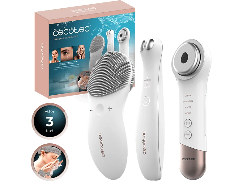 Limpiador facial - Cecotec FaceCare SkinRoutine, Dispositivo antiojeras, Masajeador facial, Kit de diadema y muñequeras, White