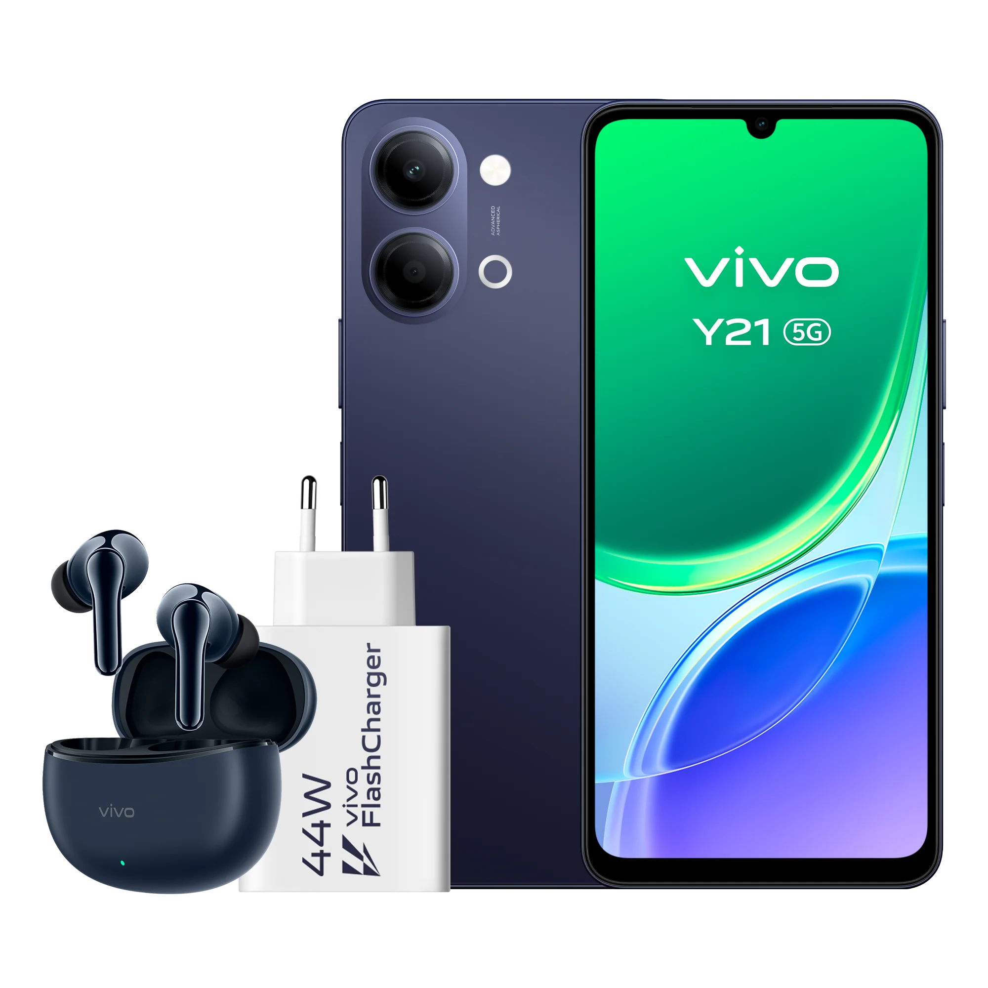 vivo Y21 5G, Voyage Black, 256GB, 4GB RAM, 6.74" 1200 nits, MediaTek Dimensity 6300, 6500mAh + Auriculares TWS 3e Cargador FlashCharger 44W