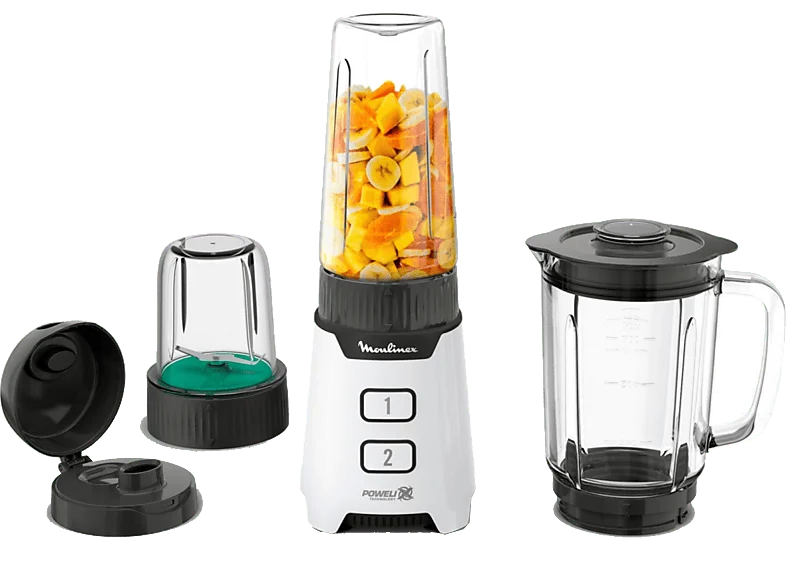 Batidora de vaso - Moulinex LM16L1, 400 W, 1 l, 2 Velocidades, 4 Cuchillas Powelix, Incluye Picadora y Botella 0.6l, Blanco