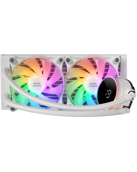 SISTEMA DE REFRIGERACION LIQUIDA MARS GAMING MLLCD240W BLANCO 2x (12x12) ILUMINACION FRGB TPD 500W PANTALLA LCD PARA PROCESADORES INTEL Y AMD