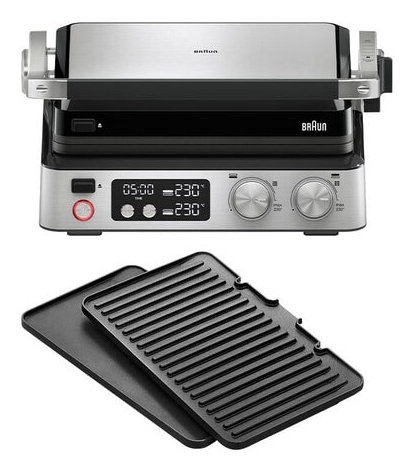 Grill - Braun CG7040, 2000 W, Temperatura ajustable, Placas de 29x23 cm, Posiciones 3 en 1, Plata