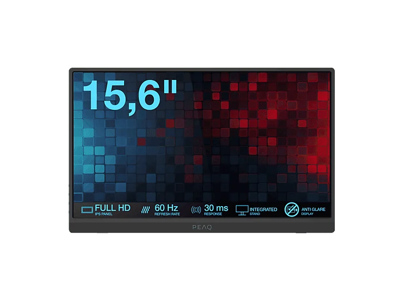 Monitor portátil - PEAQ PMO P150-FFK, 15.6" Full-HD, 60 Hz, 30 ms, IPS, LCD, G-sync Compatible, Altavoces integrados, Negro