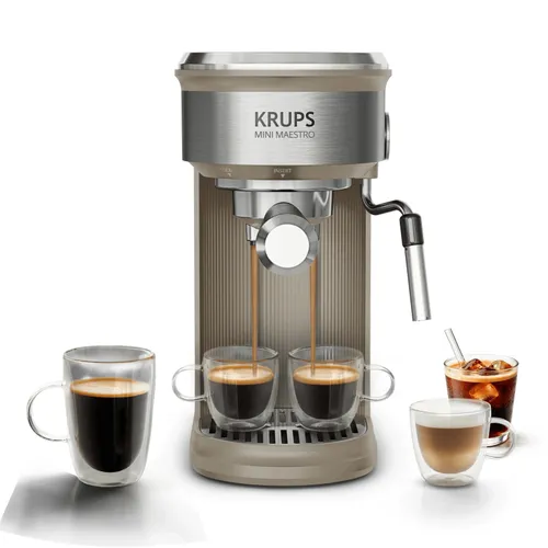 Cafetera express - Krups Mini Maestro XP350A, Ultra compacta, 20 bar, Espumador de leche, 6 recetas frías y calientes, Panel digital, 1350 W, Chai