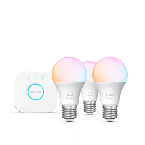 Bombilla Inteligente - Hue Essentials Kit Bombillas LED E27, 806 lm, RGB, Matter, Compatible Alexa, Google, AppleHomekit, 3 bombillas + Bridge