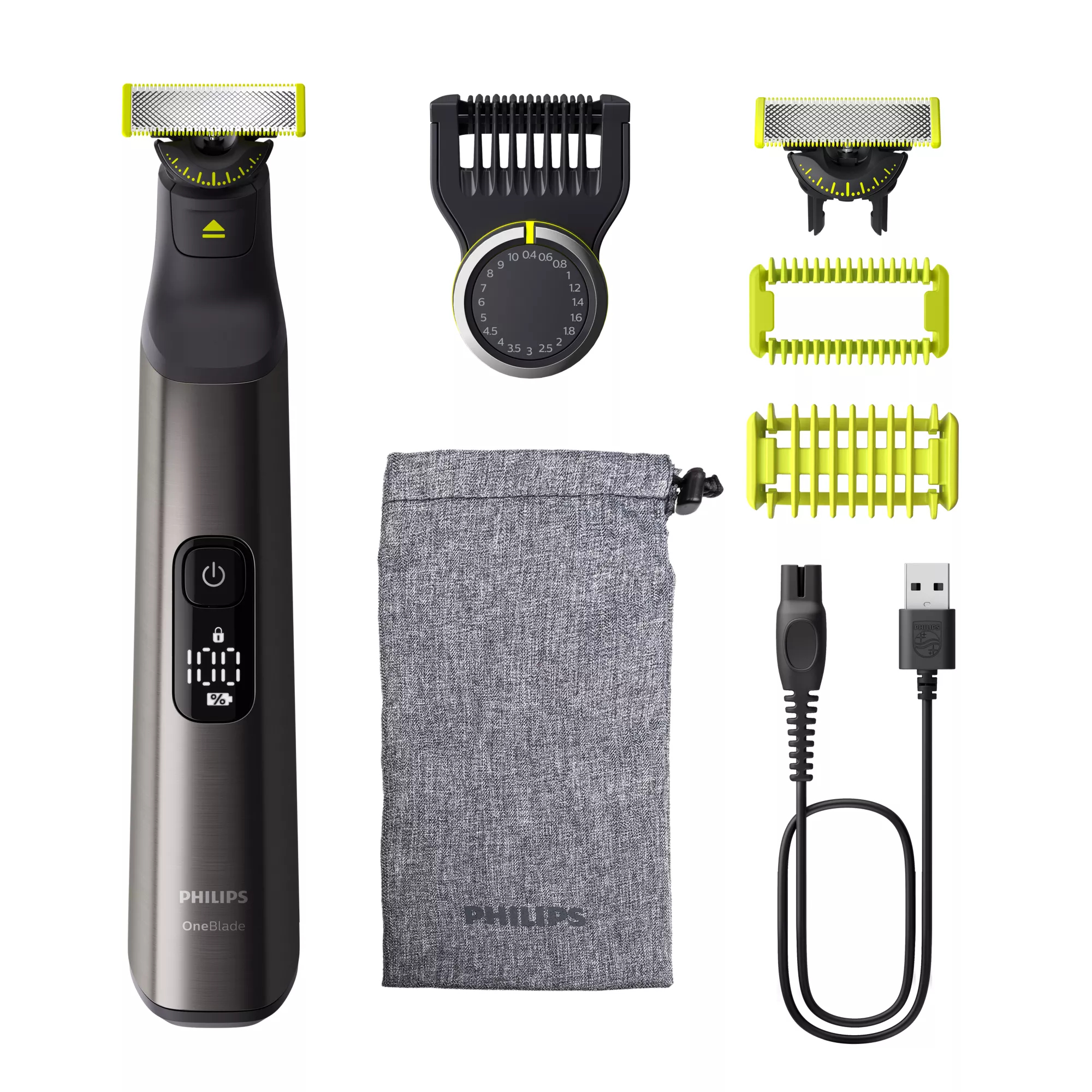 Barbero - Philips One Blade Pro QP6552/15, recorta, perfila y afeita, cara cuerpo, Pack 2 cuchillas 360, seco mojado, 20 longitudes, 120 min