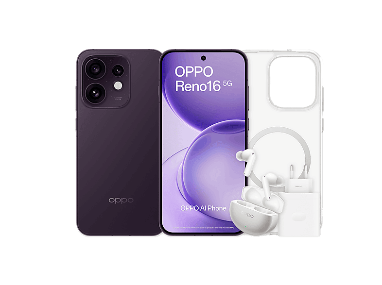 OPPO Bundle Reno16, Púrpura Negro, 512GB, 8GB RAM, 6.32" AMOLED, Qualcomm Snapdragon® 7 Gen 4, 6000mAh, Incluye Funda, Auriculares y Cargador