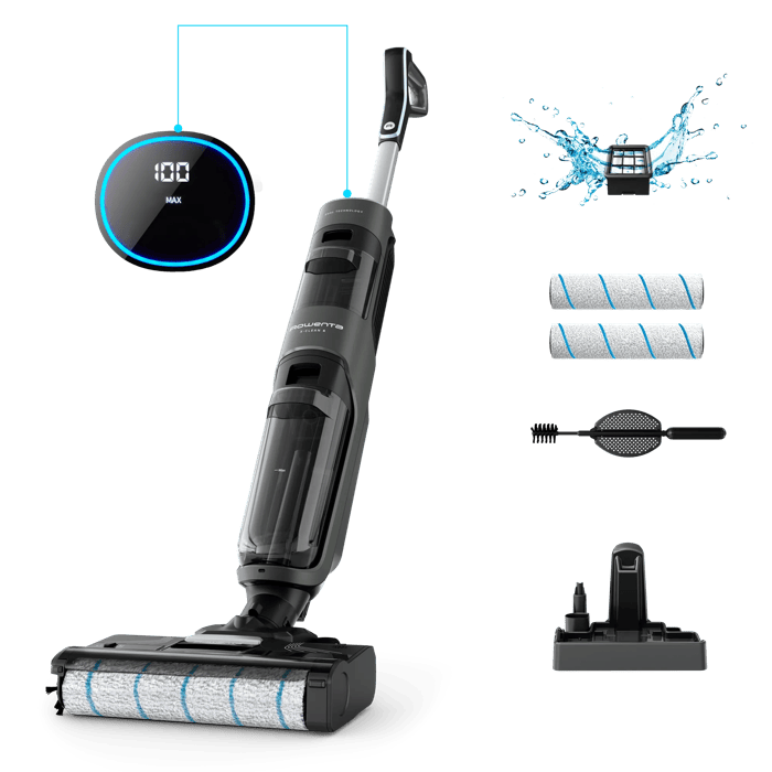 Rowenta X-Clean 4 de Rowenta, Fregona Eléctrica Sin Cable, 2 en 1 Aspira y Friega a la vez, 200 W, Pantalla De Control Inteligente, 10kPA, Ajuste Automático De Limpieza: Eco, Auto Y Max