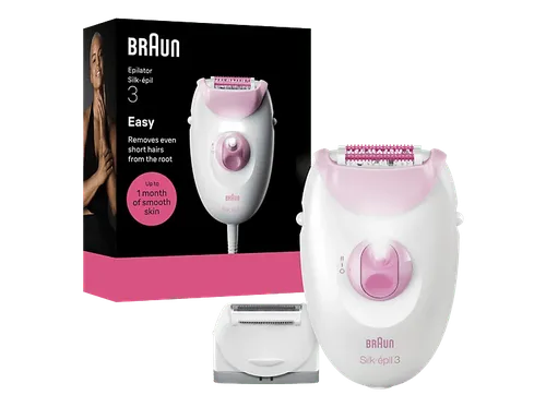Depiladora - Braun Silk·épil 3 3-031, de arranque con cable, Piel suave duradera, Cabezal rasuradora, Rosa