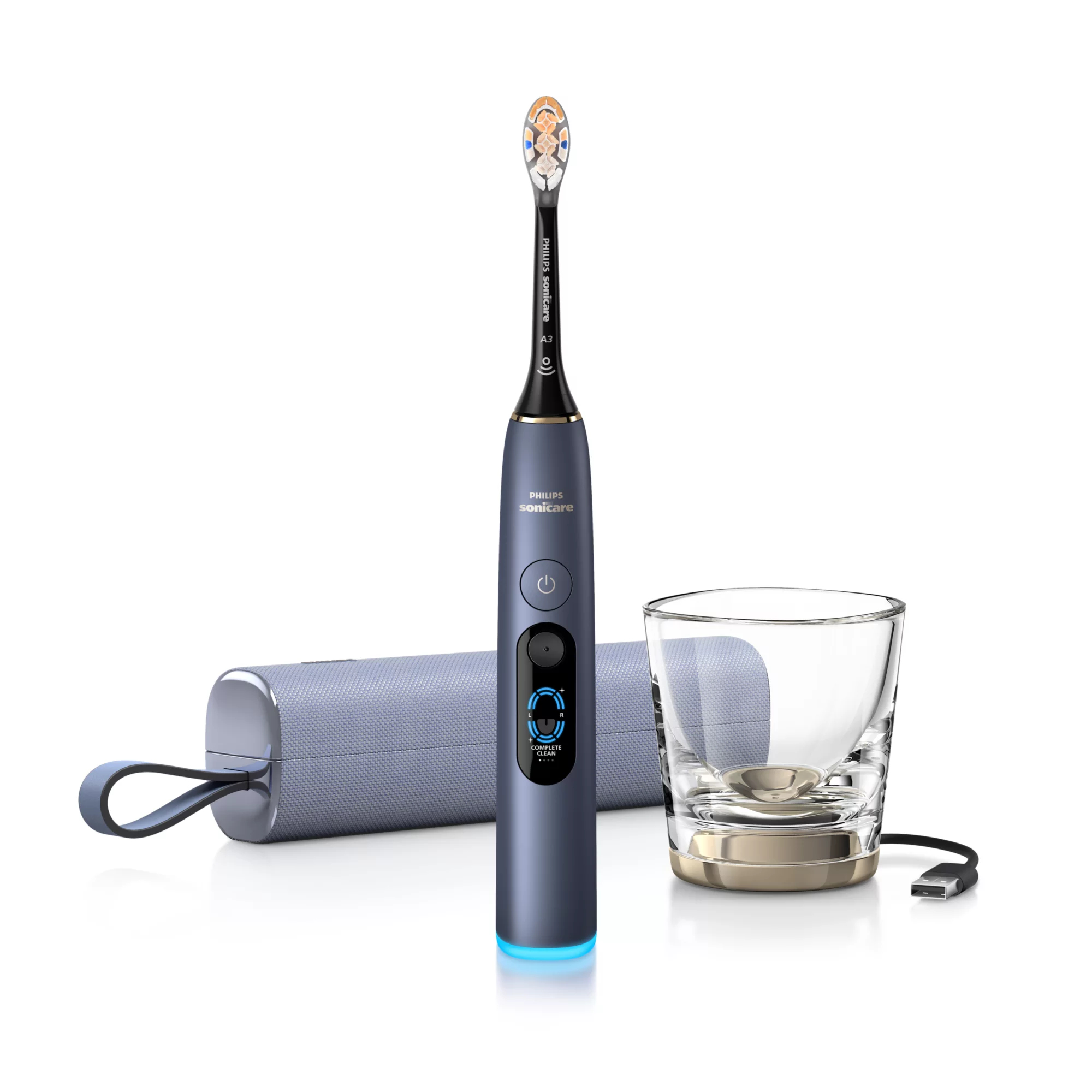 Cepillo eléctrico - Philips Sonicare DiamondClean 9900 Prestige HX9813/98, SenseIQ, 20x más placa, 8 modos, Vaso cargador, Estuche de viaje, Azul