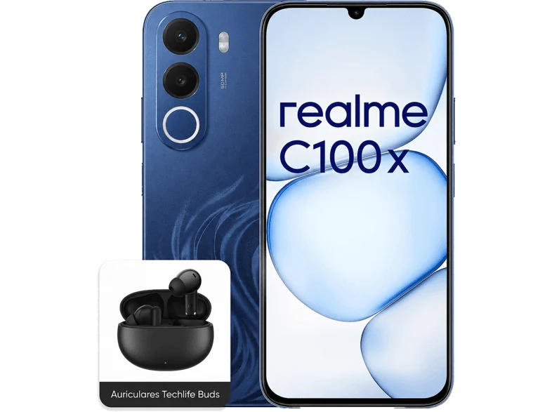realme C100X, Azul, 256 GB, 4 6.8 " HD +, Unisoc T7250, 7500 mAh + Auriculares Techlife Buds