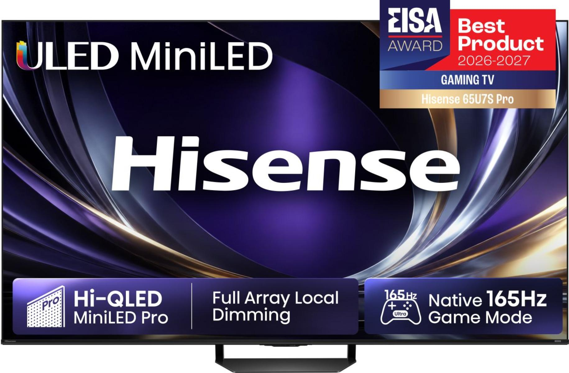 TV Mini LED 65" - Hisense 65U7S PRO, HDR 4K, Quad Core/MT9655, 165 Hz Nativos, Hi-View AI Engine Pro, Tuned By Devialet, Negro