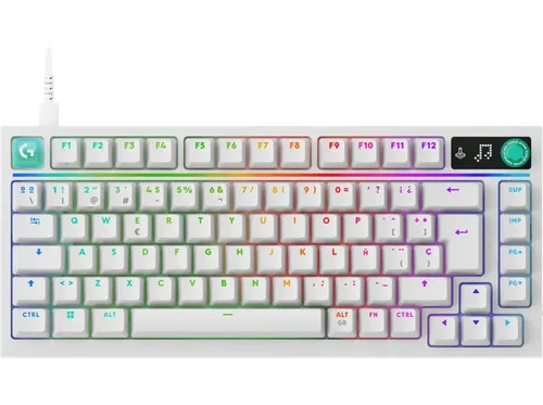 Teclado gaming - Logitech G G316 X 75, Cable, Velocidad 8 kHz, Pantalla LED, Interruptores intercambiables, Teclas PBT personalizables, PC-Mac, Blanco