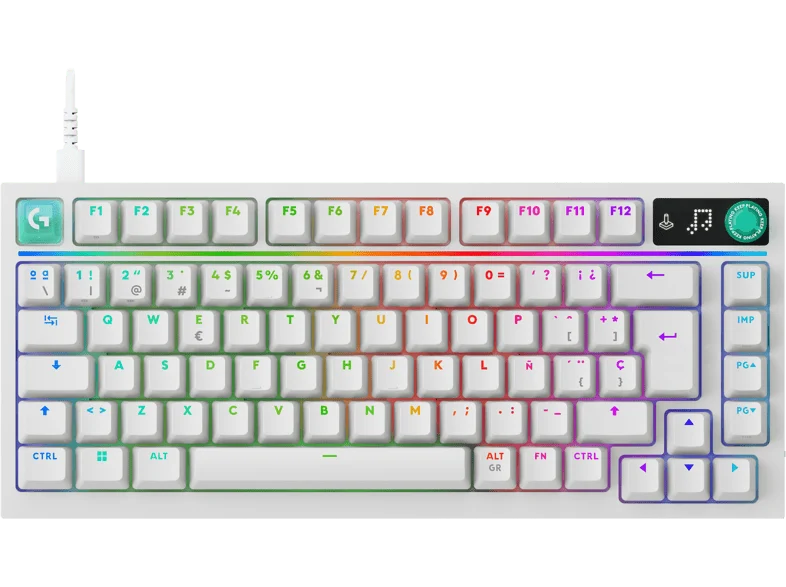 Teclado gaming - Logitech G G316 X 75, Cable, Velocidad 8 kHz, Pantalla LED, Interruptores intercambiables, Teclas PBT personalizables, PC-Mac, Blanco