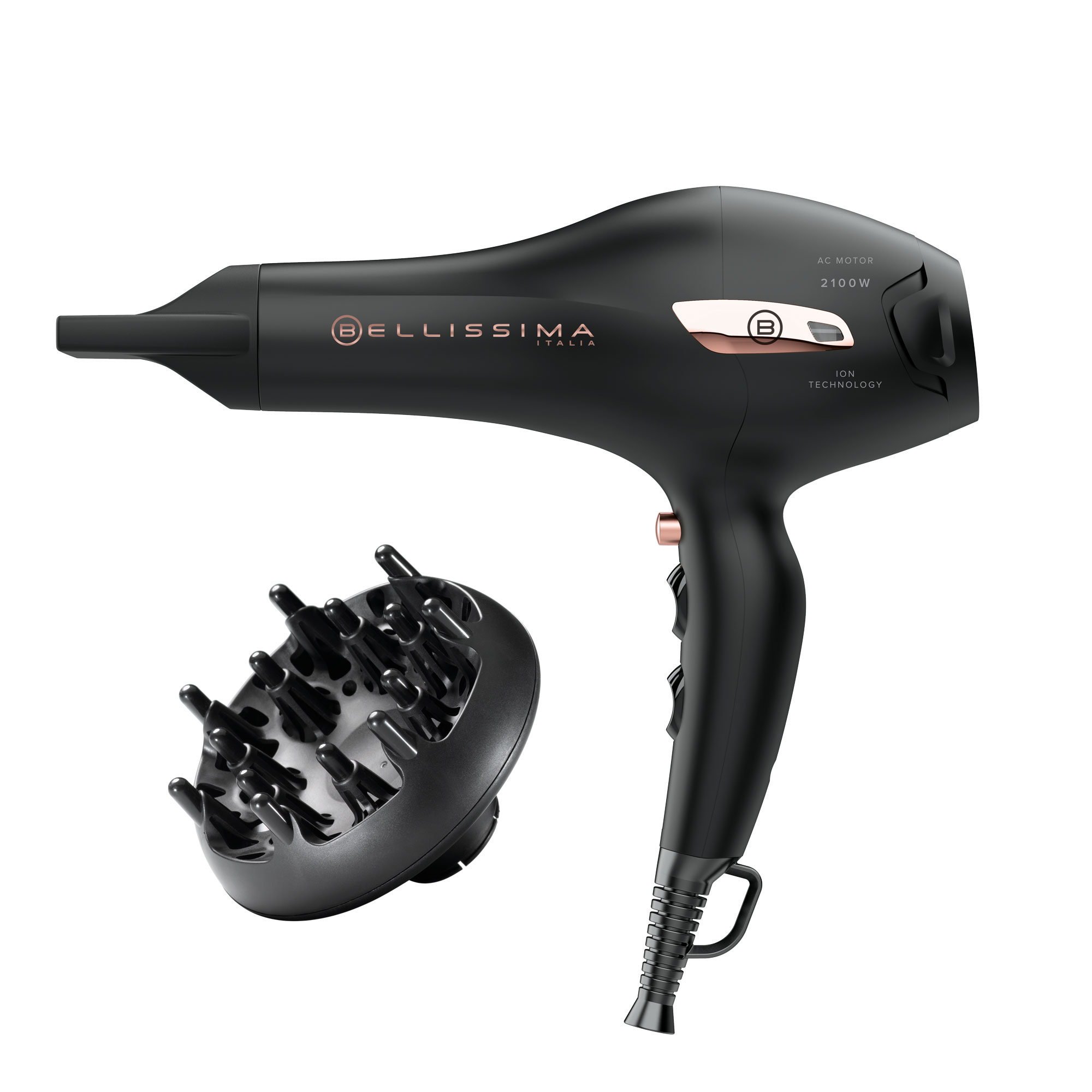 Secador - Bellissima Imetec P7 3000, 2100 W, 8 Temperaturas, Velocidades, Difusor, Negro