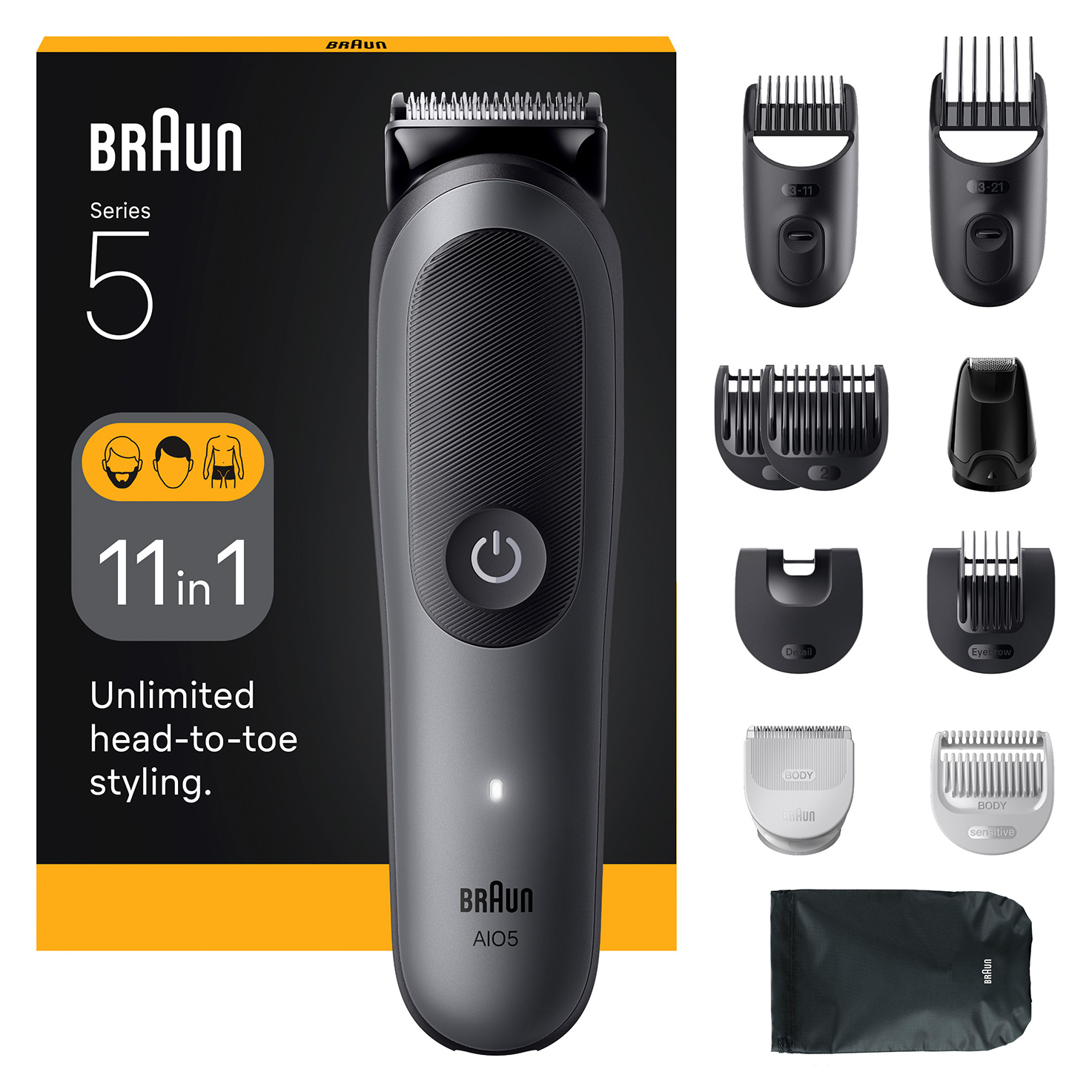 Afeitadora multifunción - Braun Todo En Uno Series 5 AIO5560, Kit De Styling 11 en 1, Lámina Afilada, 14 Longitudes, Barba, Pelo y Cuerpo, Gris