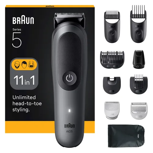 Afeitadora multifunción - Braun Todo En Uno Series 5 AIO5560, Kit De Styling 11 en 1, Lámina Afilada, 14 Longitudes, Barba, Pelo y Cuerpo, Gris