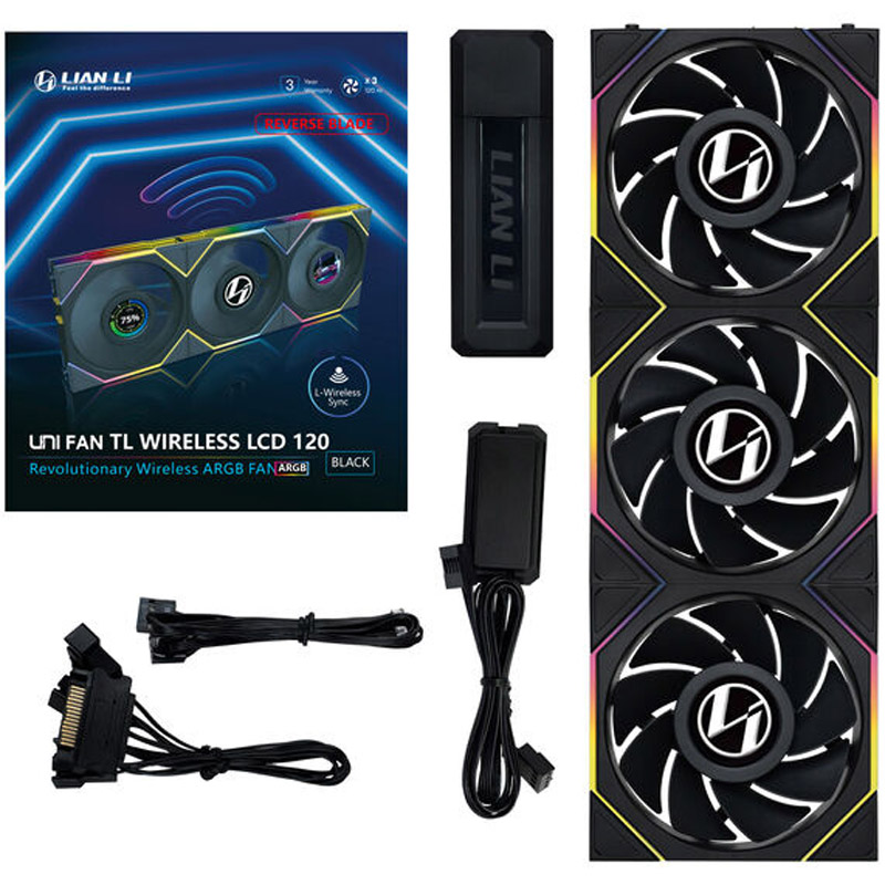 Lian Li Uni Fan TL120 Wireless LCD ARGB Reverse Blade 120mm Triple Pack Negro