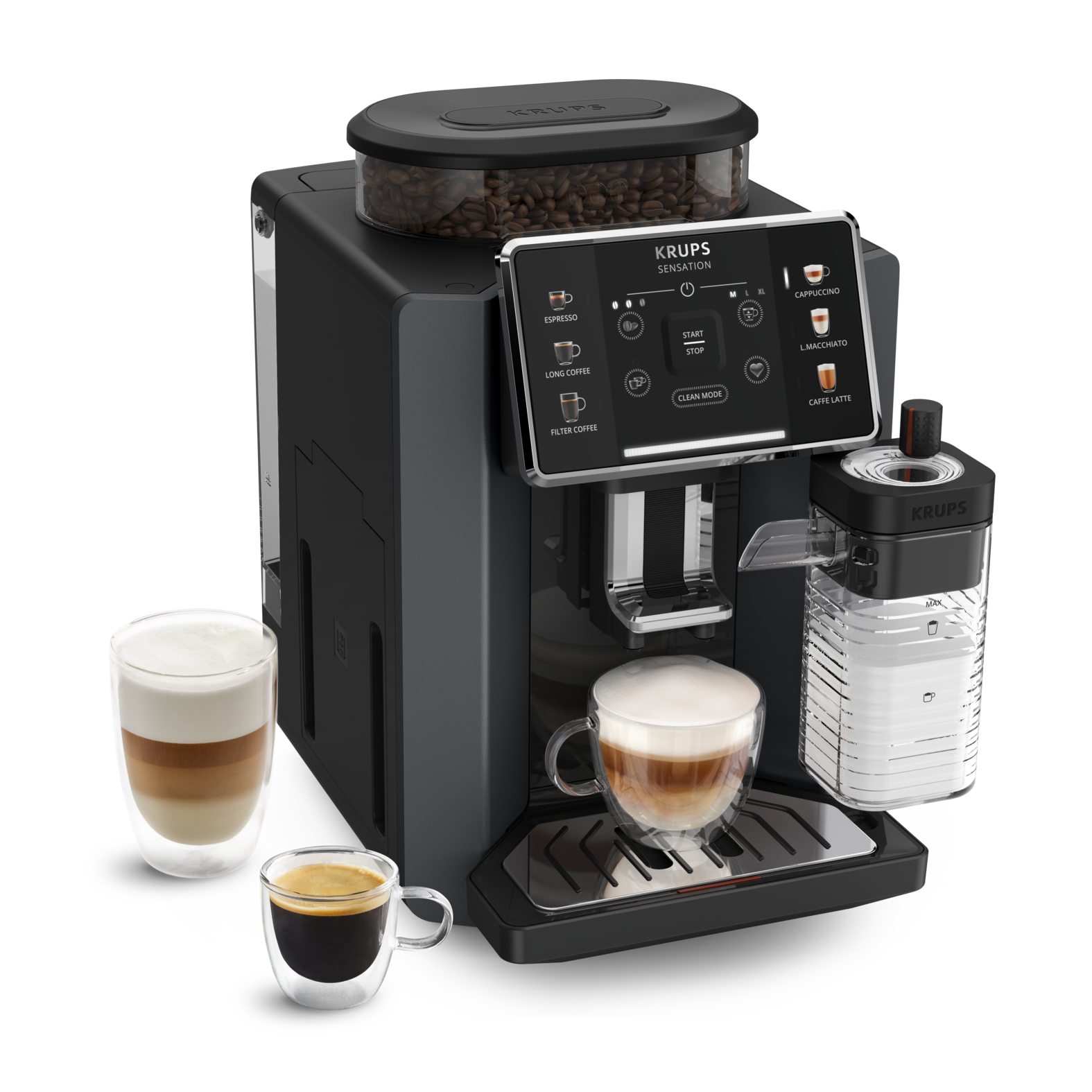Cafetera superautomática - Krups Sensation Milk EA912B, 15 bar, 1450 W, 1.7 L, 6 modos, 2 tazas, Depósito de leche 0.3 Táctil, Gris