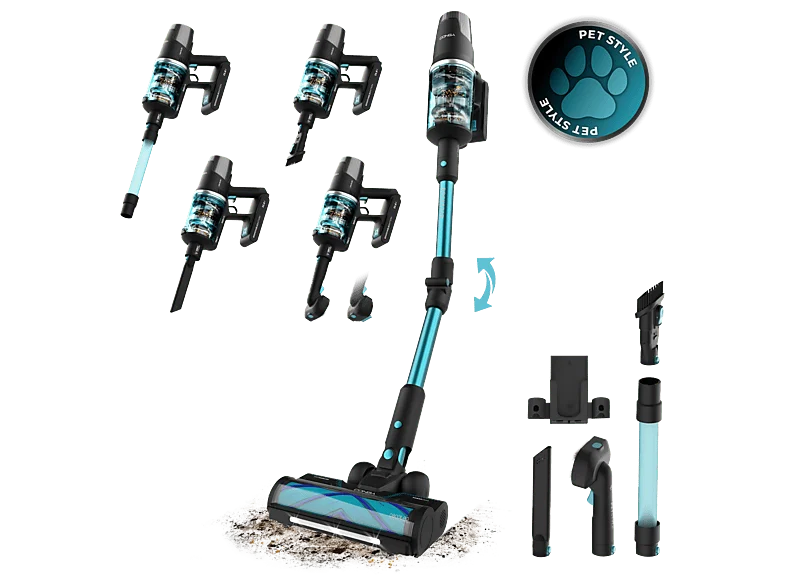 Aspirador escoba - Cecotec RX50 Pet Flex, 300 AW, 780 W, 90 min, Cepillo HairLess, Tubo flexible, Kit completo, Negro/Azul