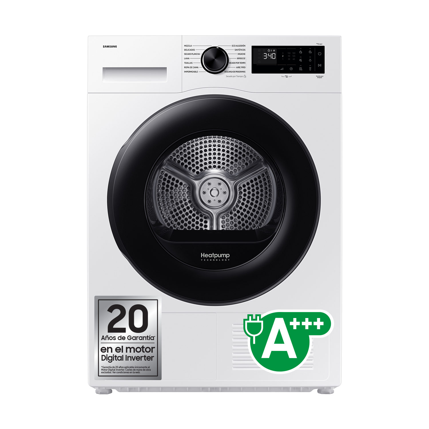Secadora bomba de calor - Samsung DV90DG52A0AEEC, 9 kg, 14 programas, Hygiene Care, Inteligencia Artificial y SmartThings Clase C, Blanco