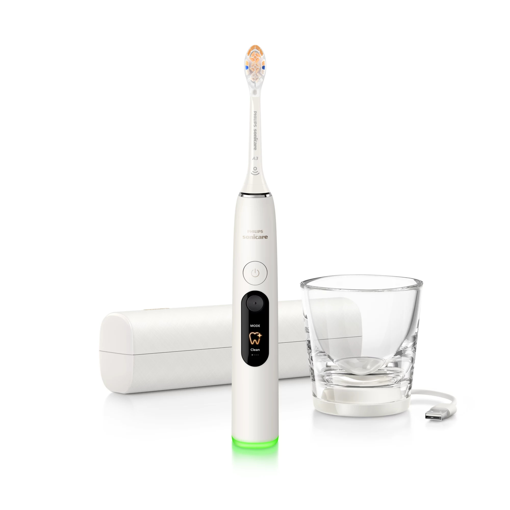 Cepillo eléctrico - Philips Sonicare DiamondClean 8500 HX8513/11, 20x más placa, 6 modos, Sensor de presión, Vaso cargador, Estuche viaje, Blanco