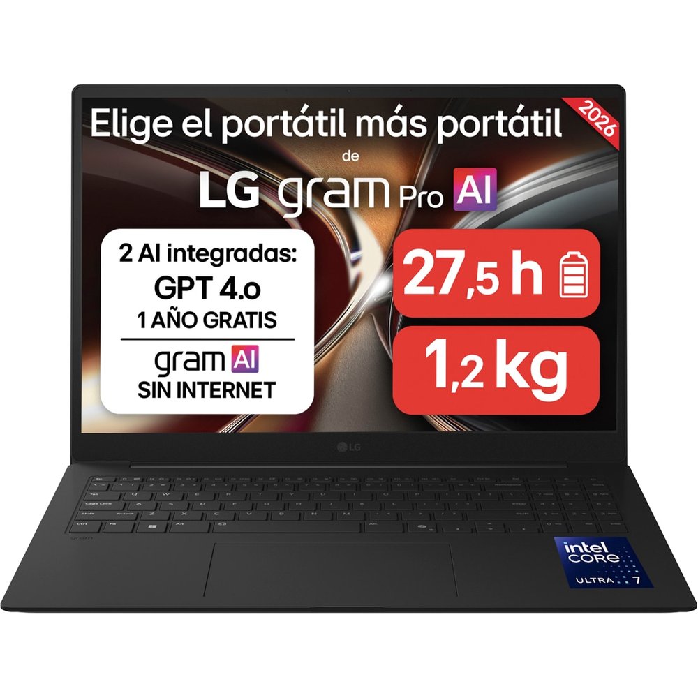 LG - Portátil LG gram Pro 16ZD90U-G.AX85BN, Copilot+ PC, Intel Core Ultra 7 355, 32 GB, 512 GB SSD, 16", Sin Sistema Operativo.