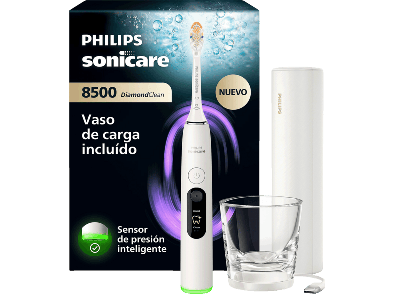 Cepillo eléctrico - Philips Sonicare DiamondClean 8500 HX8513/11, 20x más placa, 6 modos, Sensor de presión, Vaso cargador, Estuche viaje, Blanco