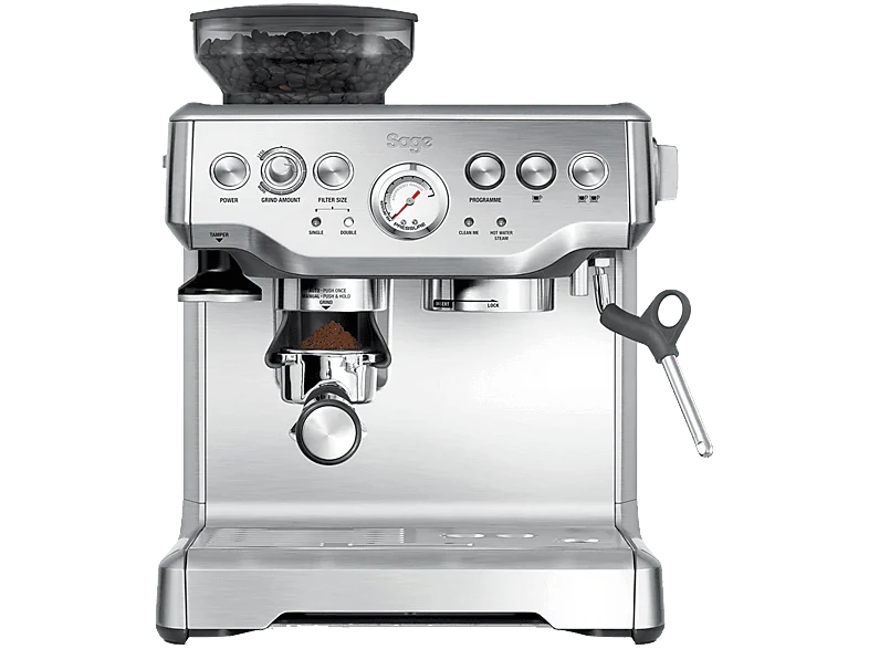 Cafetera express - Sage SES875BSS2EEU1A Barista, 15 bar, 1850 W, 2 tazas, Sistema ThermoJet, Inox