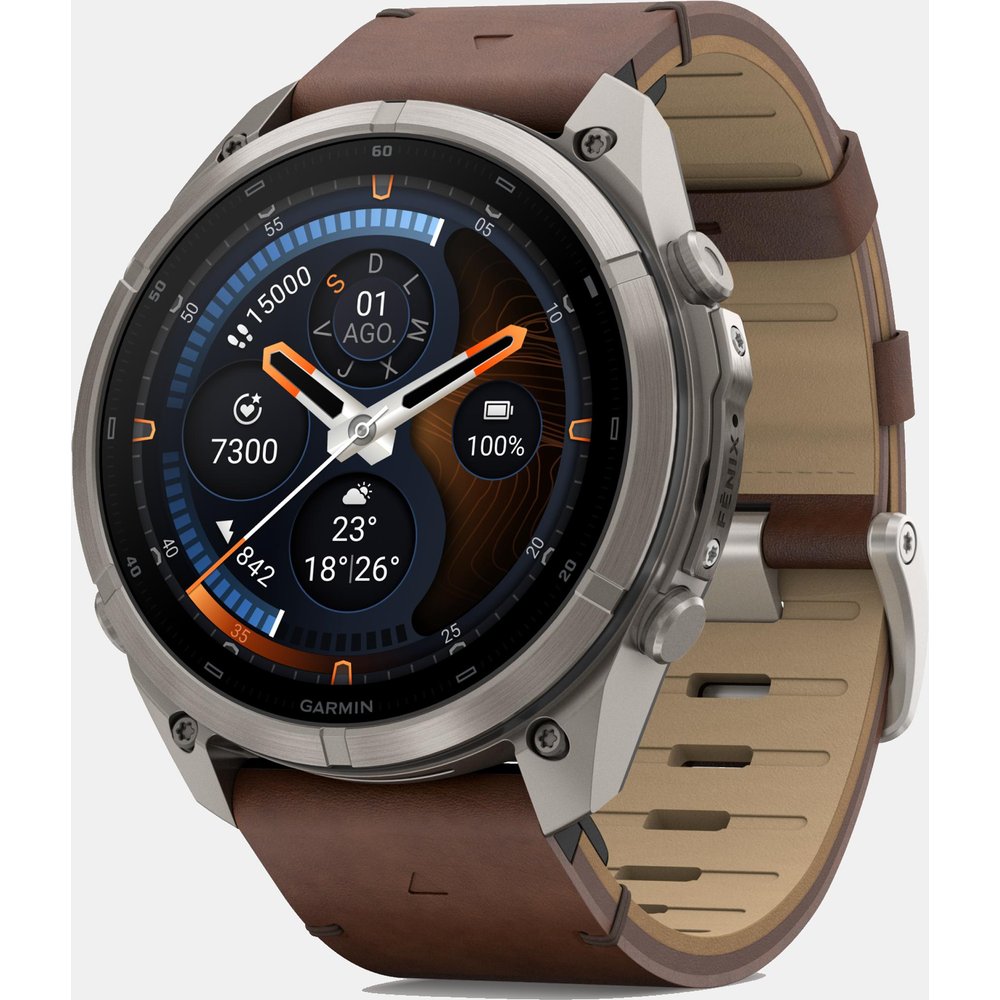 Garmin - Reloj Smartwach Fénix 9 Pro – Inreach, 51 Mm Garmin Caja De Titanio Con Correa De Cuero Marrón + Correa De Silicona Gris.