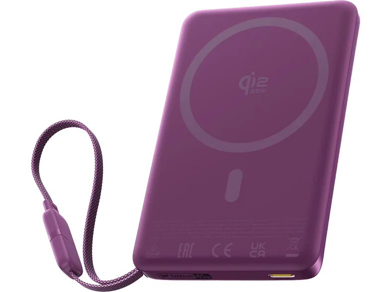 Powerbank - Baseus PicoGo AM52, 10000 mAh, 45 W, Qi2.2 de 25W, USB-C, Carga inalámbrica, rápida, Multidispositivo, Certificado CCC, Dark Cherry