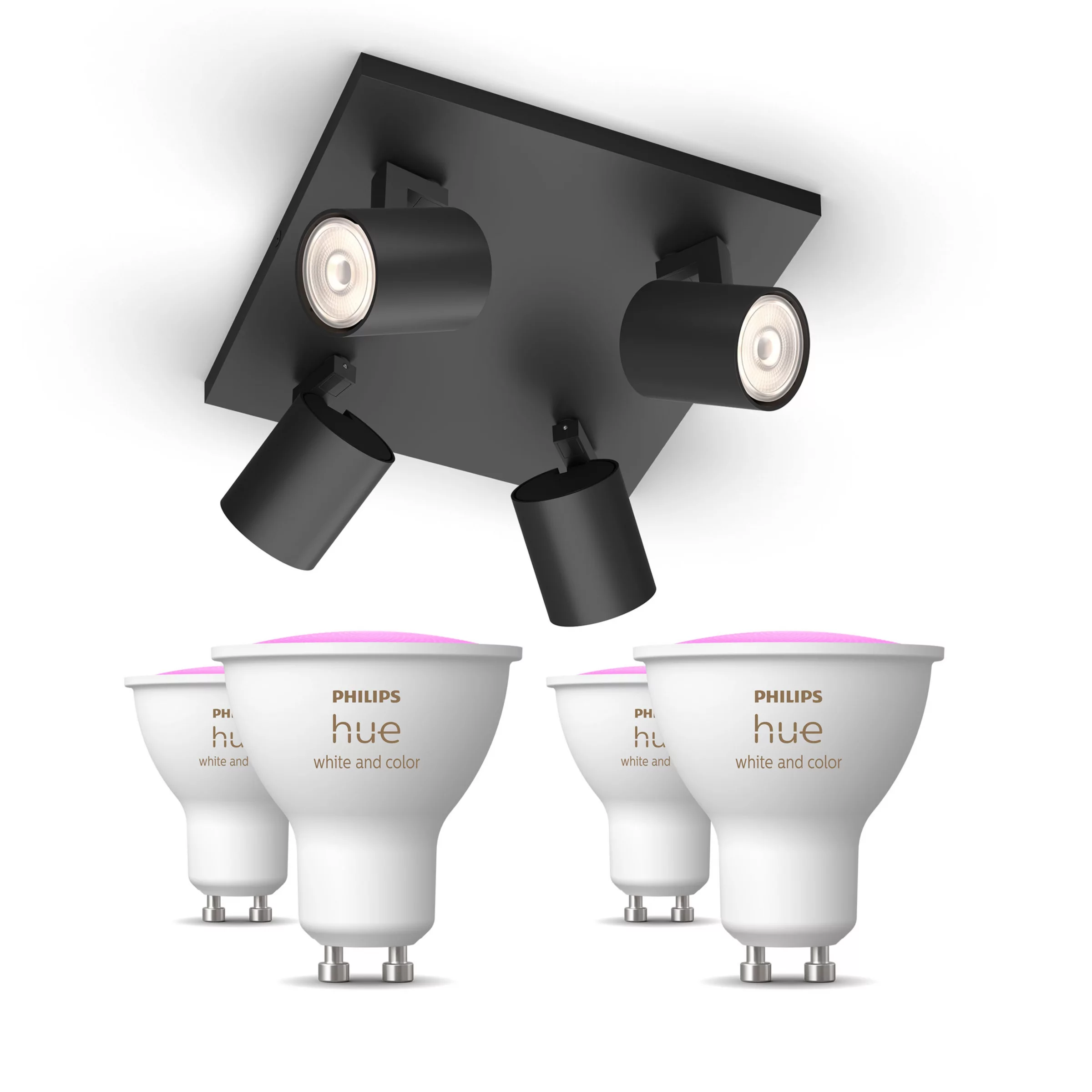 Philips Hue Pack: X4 Focos Philips Runner (negro) + 4 Bombillas Gu10 Rgb