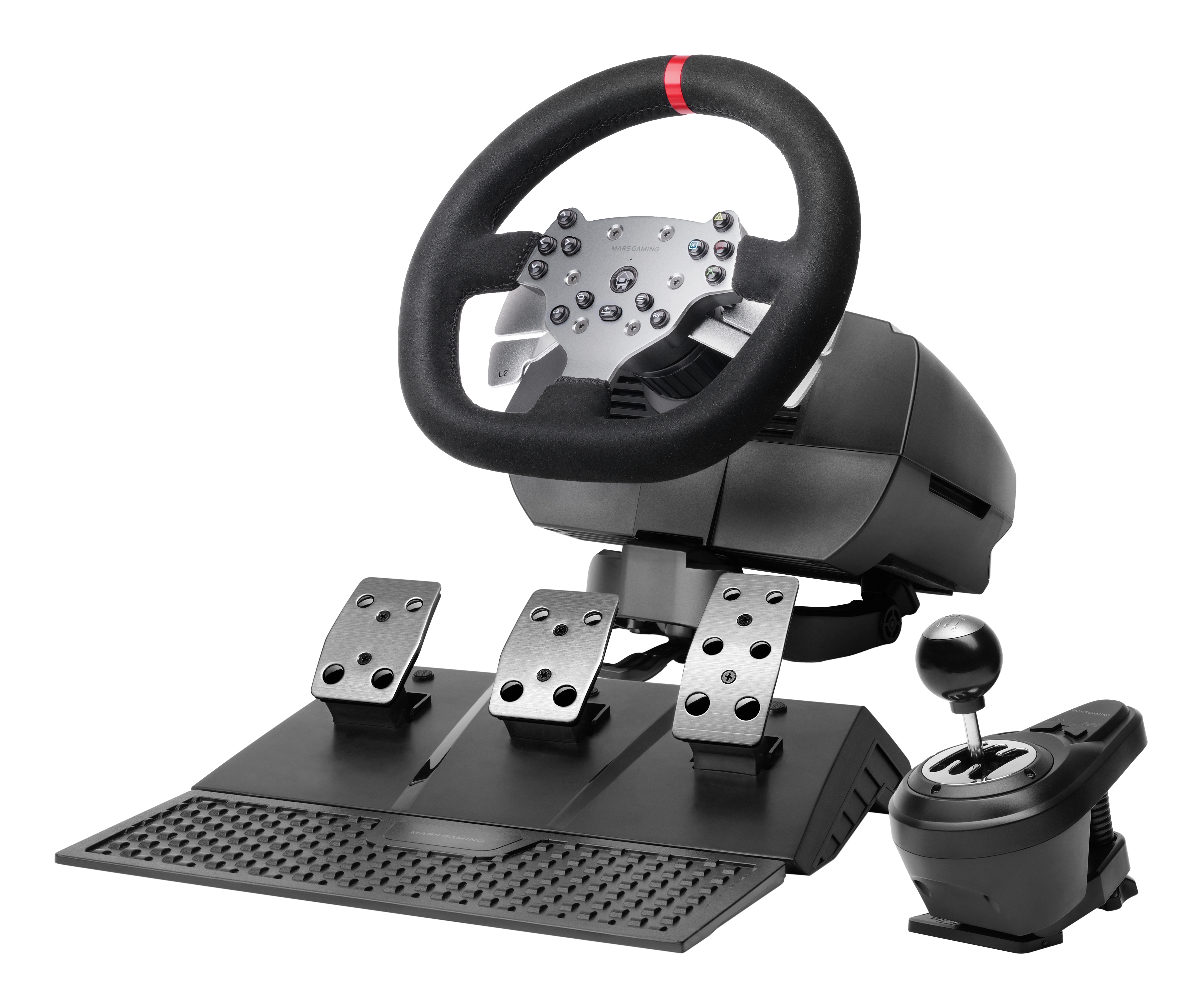 VOLANTE MARS GAMING MWHRSX FORCE FEEDBACK MOTOR DUAL PEDALES Y PALANCA MULTIPLATAFORMA
