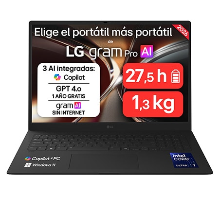 Portátil 17" LG gram Pro 17Z90UB, Copilot+ PC, Windows 11 Home, Intel® Core™ Ultra X9, 32 GB RAM, 512 GB SSD, Intel® Arc™ B390 graphics, Pantalla IPS Táctil (2560*1600), ligero, 1.539 g, 26.5 h, AI, Chocolate - 17Z90UB-H.AU96BN