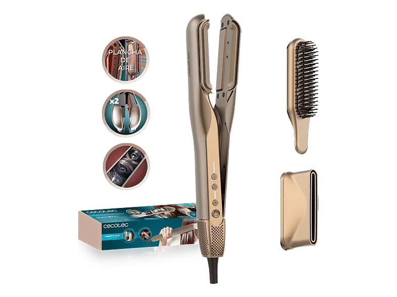 Plancha Secador - Cecotec AirLisse 2in1 ForceDry Duo, Doble placa, 3 modos, Plasma, 13 m/s 112.000 rpm, 4 temperaturas, 2 accesorios, Champagne