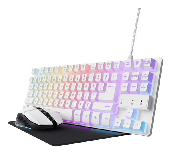 TECLADO MOUSE Y ALFOMBRILLA TRUST GAMING GXT 794 BLANCO RGB RATON WIRELESS 4800DPI TECLADO CABLE