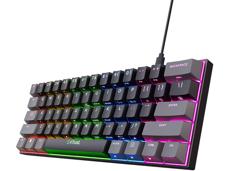 Teclado gaming - Trust GXT 867 Acira, 60% más compacto, Con cable, 61 teclas, Iluminación RGB, Negro