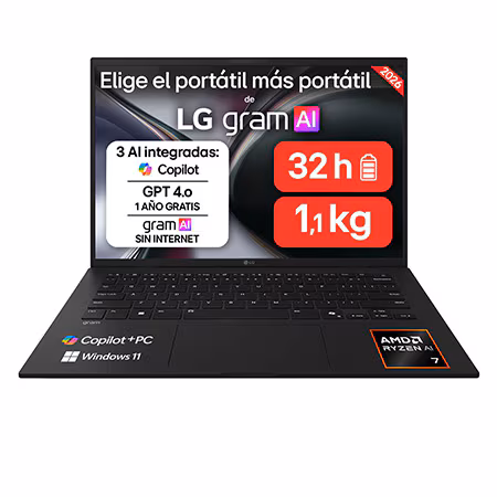 Portátil 14"" LG gram 14Z95U, Copilot+ PC, Windows 11 Home, Ryzen AI 7 450, 32 GB RAM, 1 TB SSD, AMD Radeon™ Graphics, Pantalla IPS (1920*1200), ligero, 1120 g, 32 h, AI, Negro carbó - 14Z95U-G.AU88BN