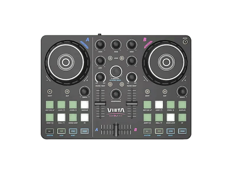 Controladora DJ - Vieta Pro Vega, 2 Canales, USB-C y Minijack 3.5mm, Tarjeta de Sonido Integrada, Negro