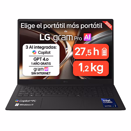 LG - Portátil LG gram Pro 16Z90U-G.AU88BN, Copilot+ PC, Intel Core Ultra 7 355, 32 GB, 1 TB SSD, 16", W11.