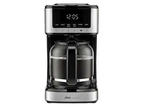 Cafetera de goteo - Ufesa Ariccia 14, 900 W, 1.8 l, 14 tazas, Negro y Plata